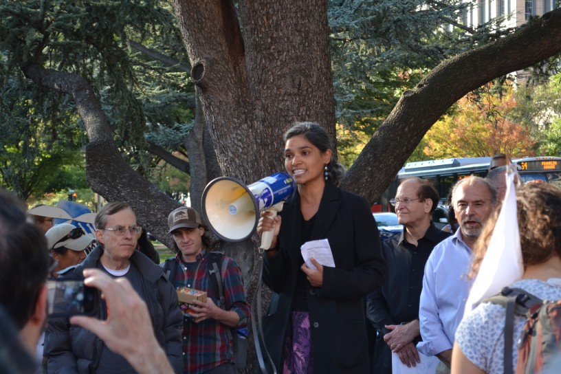 Keya Chatterjee, speaking to the crowd of protesters. 
