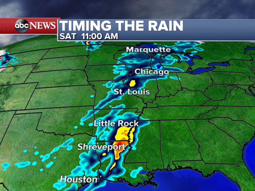 PHOTO: By late Saturday morning, areas of heavy rain and showers will be possible from the Gulf Coast up to the Great Lakes. 