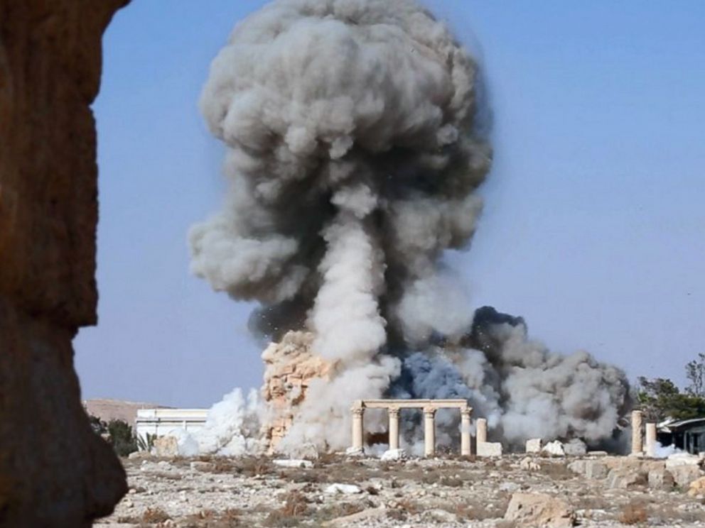 PHOTO: An undated photo released Aug. 25, 2015 on a social media site used by Islamic State militants purports to show smoke from the detonation of the 2,000-year-old temple of Baalshamin in Syrias ancient caravan city of Palmyra.