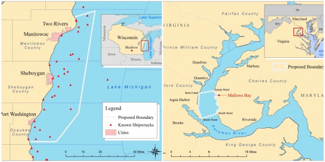 The two planned marine sanctuary sites, along Lake Michigan (left) and in Maryland (right).