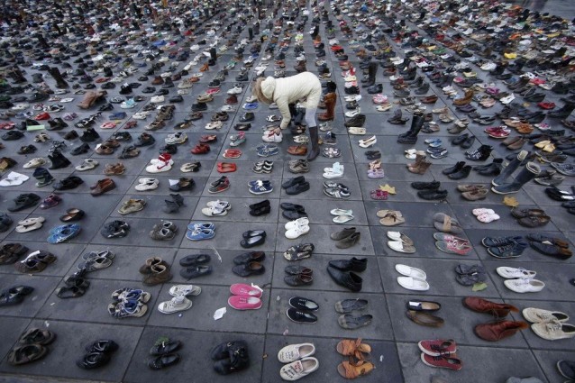 Empty shoes at the Place de la République in Paris.