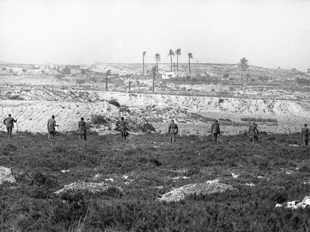 PHOTO:American troops searching fields in the outskirts of Vera, Spain on Feb. 11, 1966 as they retrace the land crash area, looking for the missing nuclear bomb, lost when a B52 bomber of the United States air force crashed last month. 