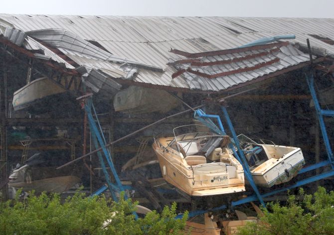 A boat rack storage facility lays destroyed after Hurricane Irma blew though Hollywood, Florida, U.S., September 10, 2017. REUTERS/Carlo Allegri - RC1126230E20